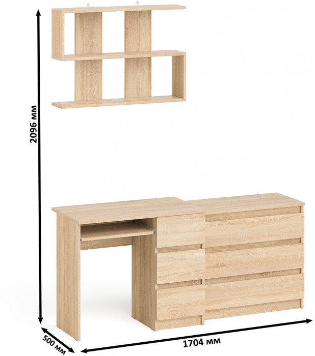 Мори Стол компьютерный МС-6 правый + Комод МК800.1 + Полка 900, цвет дуб сонома, ШхГхВ 170,4х50х209,6 см., НЕ универсальная сборка