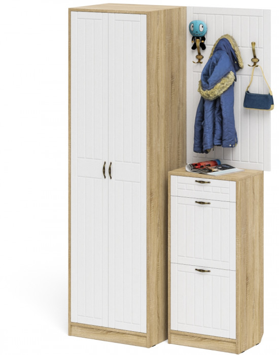 Прихожая П-6 Компоновка № 18, дуб сонома/фасады МДФ белое дерево фрезеровка прованс