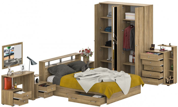 Камелия спальня № 10 Кровать с ящиками 1600 + Две тумбы + Стол косм. + Зеркало + Комод + Шкаф, дуб сонома