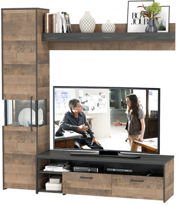 Трувор 13.70Тумба под ТВ +13.205 Шкаф-пенал с витриной +15.60 Полка, дуб гранж песочный/интра