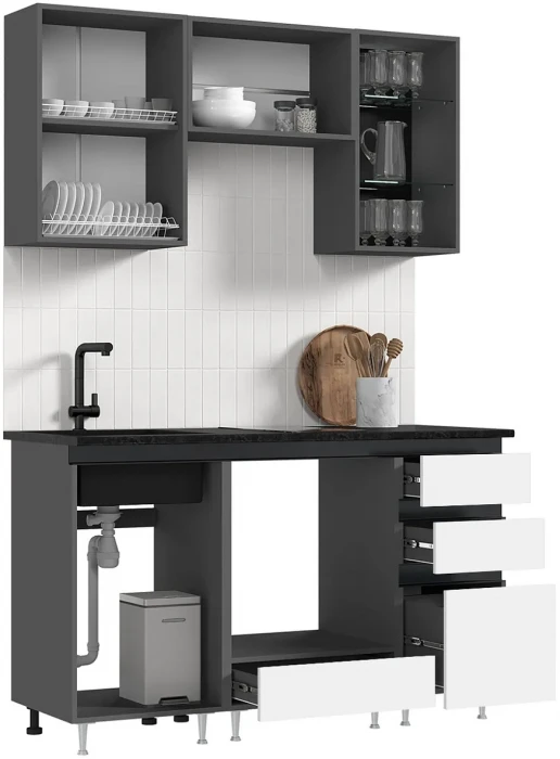 Кухня Техно-6 1,5м Графит/Белый снег софт/Графит софт