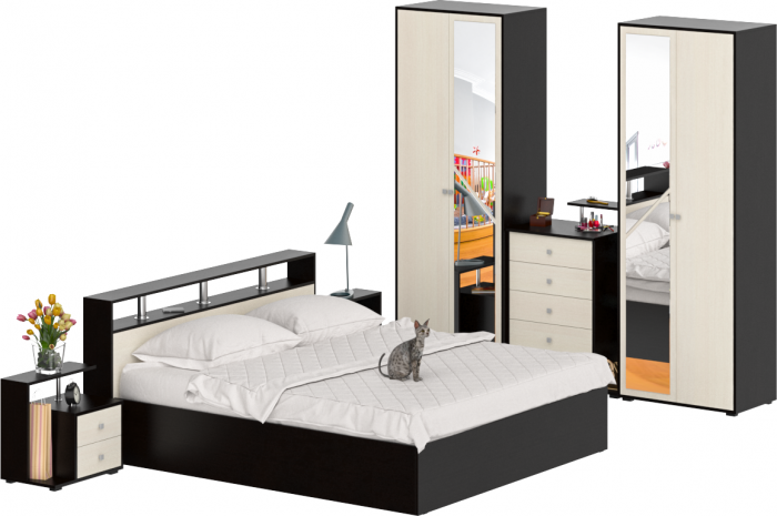 Камелия спальня № 4 Кровать 1800 + Две тумбы + Комод + Шкаф 4-х створчатый, цвет венге/дуб лоредо, сп.м. 1800х2000 мм., б/м, основание есть