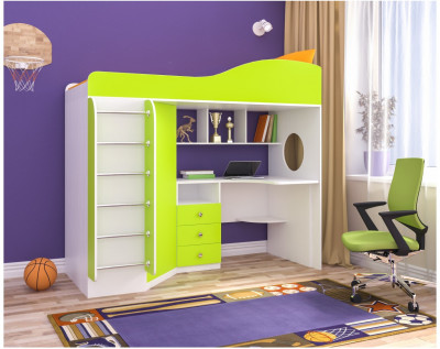 Кровать-чердак Кадет 1 с металлической лестницей (Белое дерево/Голубой)