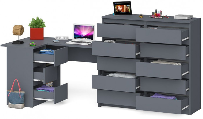 Мори Стол компьютерный МС-16 левый + Комод МК1200.10, цвет графит, ШхГхВ 244,8х84,9х115 см., выдвижные ящики слева, НЕ универсальная сборка
