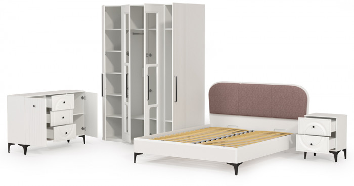 Валенсия Спальня № 32, цвет ЛДСП белый шагрень/МДФ белый шагрень/ткань велутто 19, ортопед есть, сп. м. 1600х2000 мм., б/м