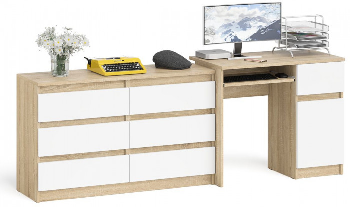 Мори Стол компьютерный МС-1 правый + Комод МК1200.6, цвет дуб сонома/белый, ШхГхВ 210,4х50х76,6 см., выдвижной ящик справа, НЕ универсальная сборка