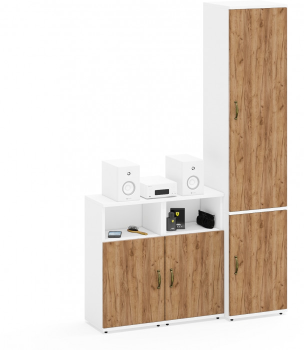 Лидер-8 Пенал МД 21Б + Тумба МД 3.19 + Тумба МД 3.19, цвет белый шагрень/крафт золото, ШхГхВ 120х37,5х190 см., универсальная сборка