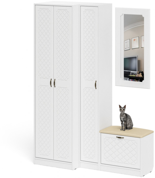 Прихожая П-6 Компоновка № 26, цвет белая шагрень/фасады МДФ белое дерево фрезеровка ромб, ШхГхВ 150х50х210 см., универсальная сборка