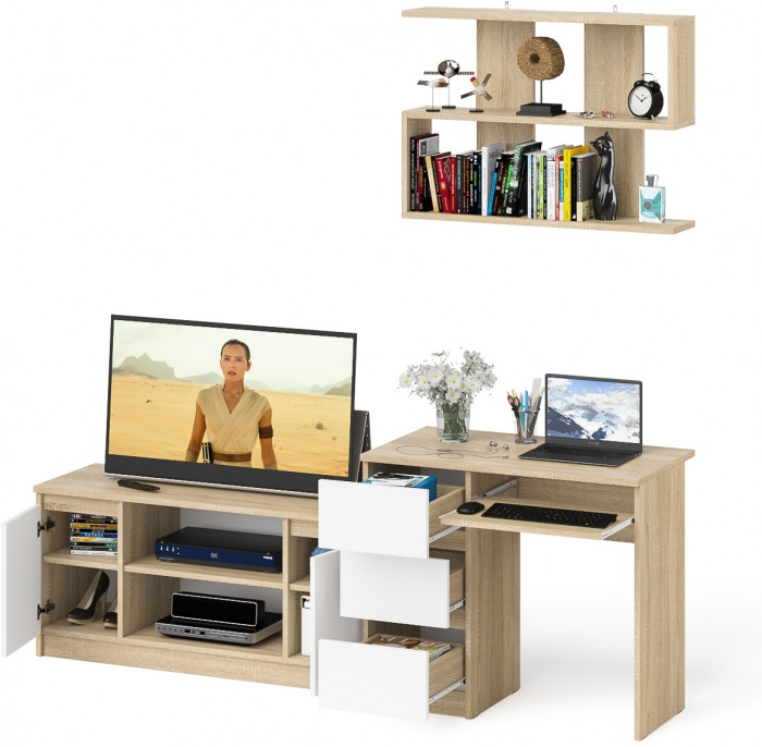 Мори Стол компьютерный МС-6 левый + Тумба МТВ1200.1 + Полка 900, цвет дуб сонома/белый, ШхГхВ 210,4х50х209,6 см., НЕ универсальная сборка