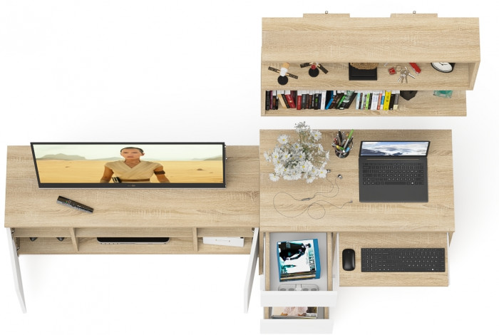 Мори Стол компьютерный МС-6 левый + Тумба МТВ1200.1 + Полка 900, цвет дуб сонома/белый, ШхГхВ 210,4х50х209,6 см., НЕ универсальная сборка