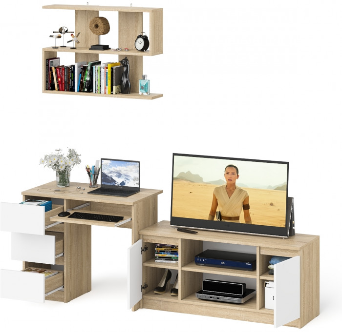 Мори Стол компьютерный МС-6 левый + Тумба МТВ1200.1 + Полка 900, цвет дуб сонома/белый, ШхГхВ 210,4х50х209,6 см., НЕ универсальная сборка