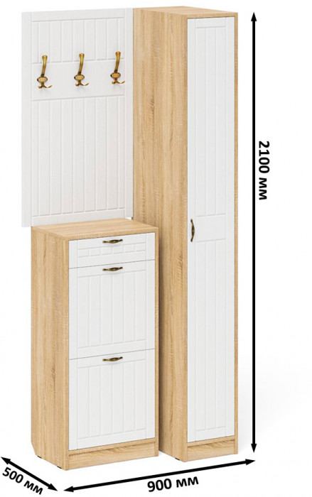 Прихожая П-6 Компоновка № 44, дуб сонома/фасады МДФ белое дерево фрезеровка прованс