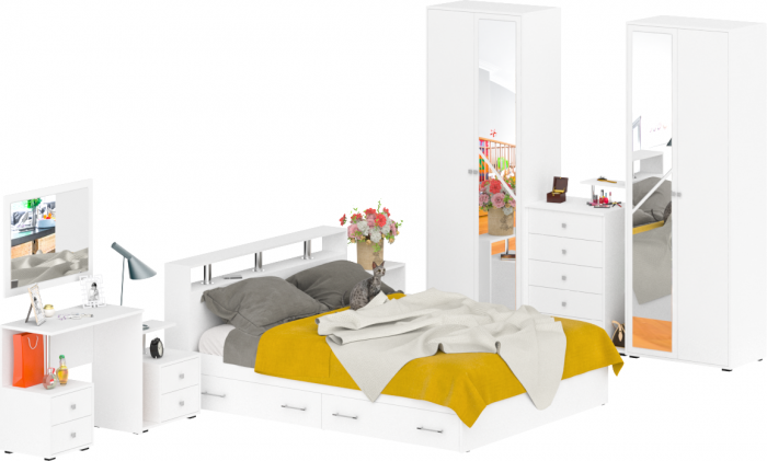 Камелия спальня № 10 Кровать с ящиками 1600 + Две тумбы + Стол косметич. + Зеркало + Комод + Шкаф, белый