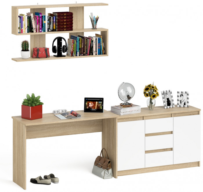 Мори письменный стол МСП1200.1 + Комод МК1200.3 + Полка 1200, дуб сонома/белый