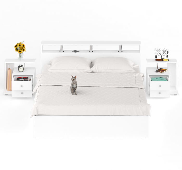 Камелия Кровать 1800 + две тумбы, цвет белый, ШхГхВ 296х217х78,2 см., сп.м. 1800х2000 мм., без матраса, основание есть