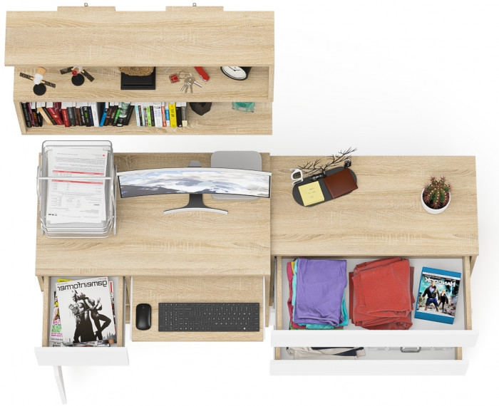 Мори компьютерный стол МС-1 левый + Комод МК800.1 + Полка 900, дуб сонома/белый