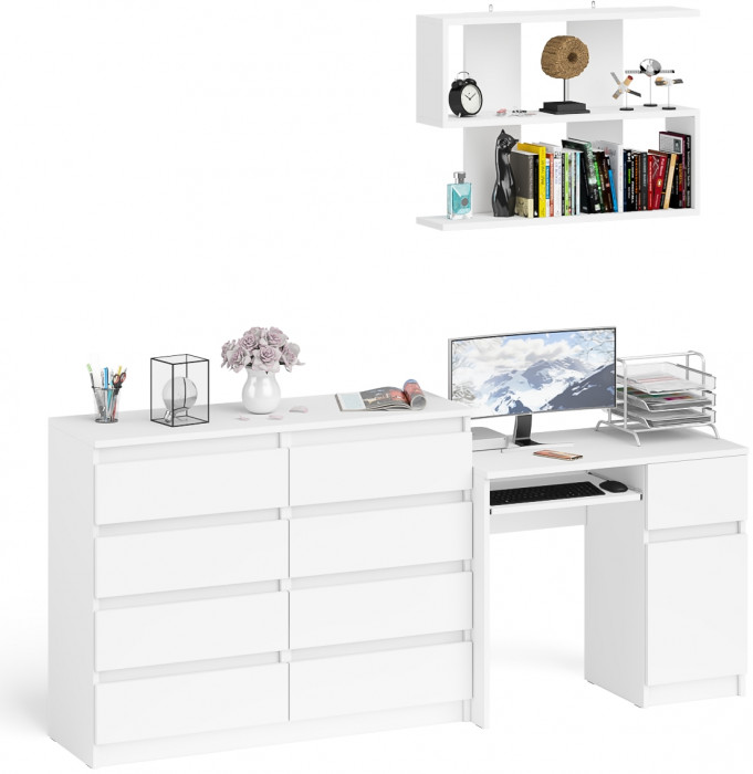 Мори Стол компьютерный МС-1 правый + Комод МК1200.8 + Полка 900, цвет белый, ШхГхВ 210,4х50х209,6 см., НЕ универсальная сборка