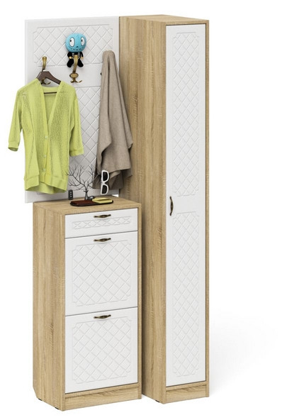 Прихожая П-6 Компоновка № 44, дуб сонома/фасады МДФ белое дерево фрезеровка ромб