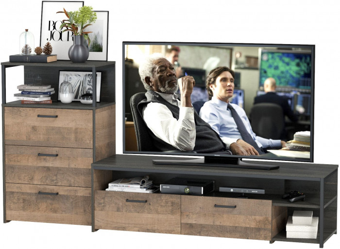 Трувор 13.70 Тумба под ТВ + 13.307.02 Комод с ящиками, дуб гранж песочный/интра