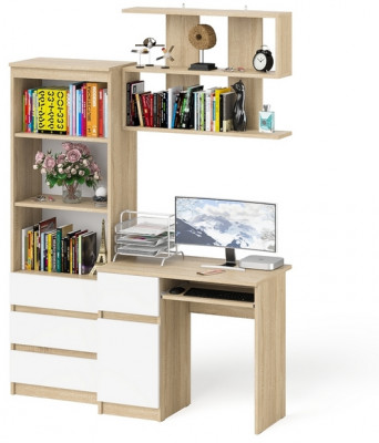 Мори компьютерный стол МС-1 левый + Стеллаж МСТ600.3 + Полка 900, дуб сонома/белый