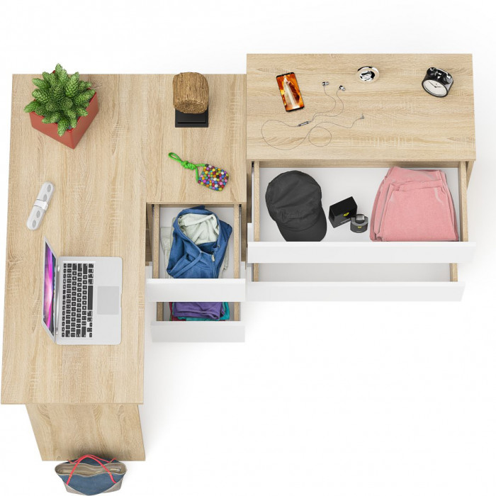 Мори компьютерный стол МС-16 правый + Комод МК800.4, дуб сонома/белый