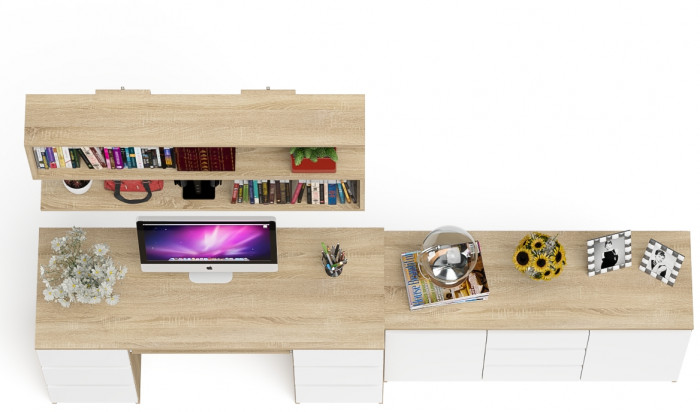 Мори компьютерный стол МС-2 + Комод МК1200.3 + Полка 1200, дуб сонома/белый