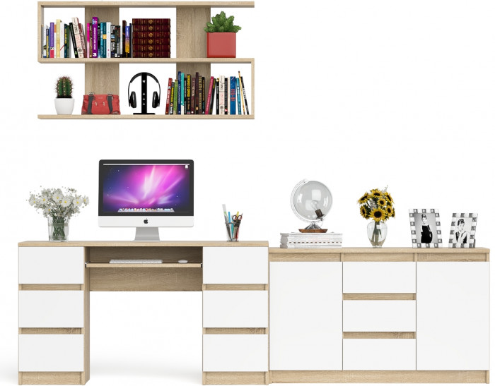 Мори компьютерный стол МС-2 + Комод МК1200.3 + Полка 1200, дуб сонома/белый