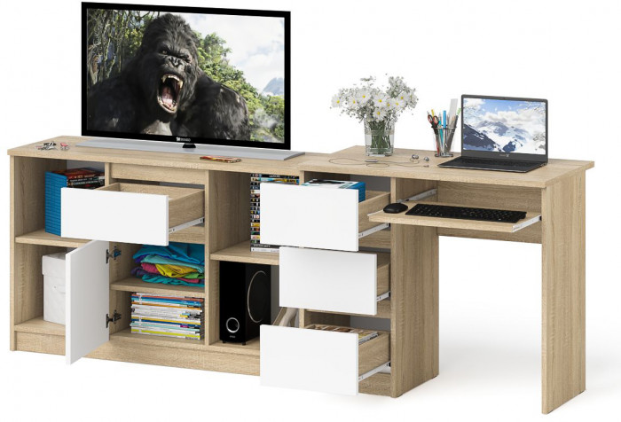 Мори компьютерный стол МС-6 левый + Тумба МТВ1204.1, дуб сонома/белый
