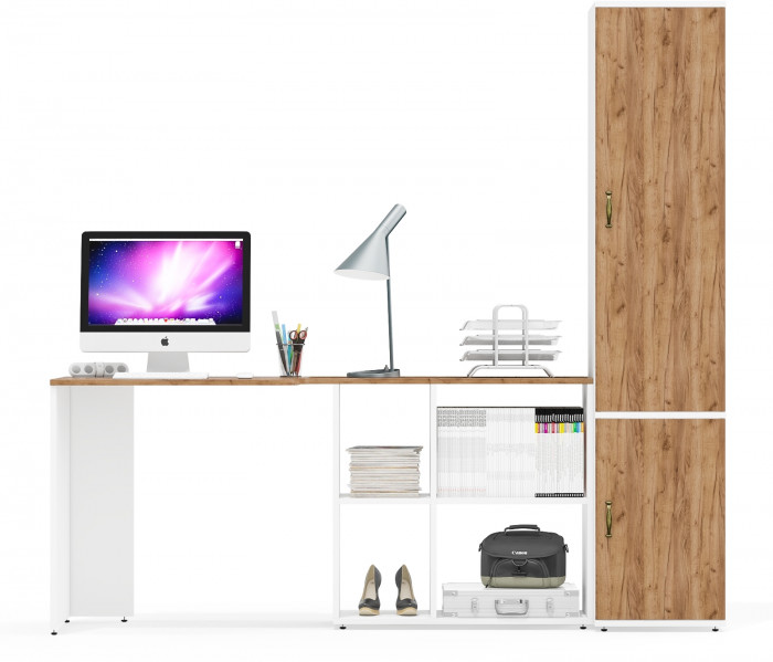 Лидер-8 Стол + Пенал МД 21Б, цвет белый шагрень/крафт золото, ШхГхВ 205х50/37,5х75/190  или 115х50/120х75/190 см., НЕ универсальная сборка