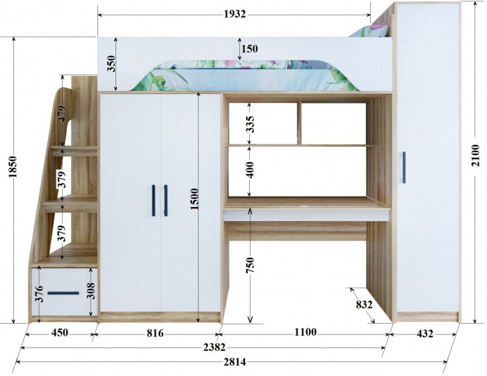 Кровать-чердак Тея + Шкаф, винтерберг / зира