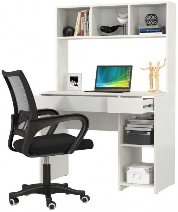 Стол компьютерный Комфорт 12.77F + кресло 103 чёрное, цвет белый шагрень, ШхГхВ 100х49,8х147 см., универсальная сборка