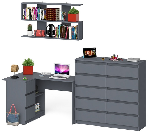 Мори компьютерный стол МС-16 левый + Комод МК1200.10 + Полка 1200, графит