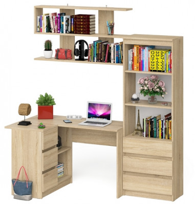 Мори компьютерный стол МС-16 левый + Стеллаж МСТ600.3 + Полка 1200, дуб сонома