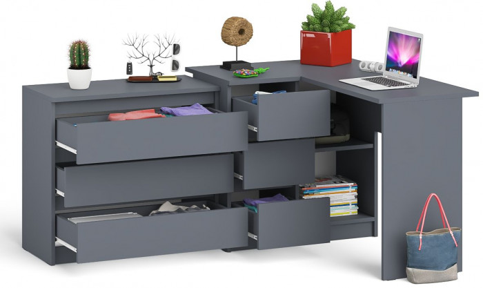 Мори Стол компьютерный МС-16 левый + Комод МК800.1, цвет графит, ШхГхВ 204,8х84,9х76,6 см., выдвижные ящики слева, НЕ универсальная сборка