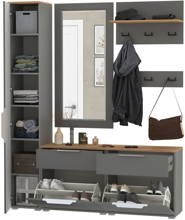 Октава Прихожая 44, цвет серый графит/дуб крафт золотой/фасады МДФ серый графит, ШхГхВ 162х35,4х197,6 см., универсальная сборка