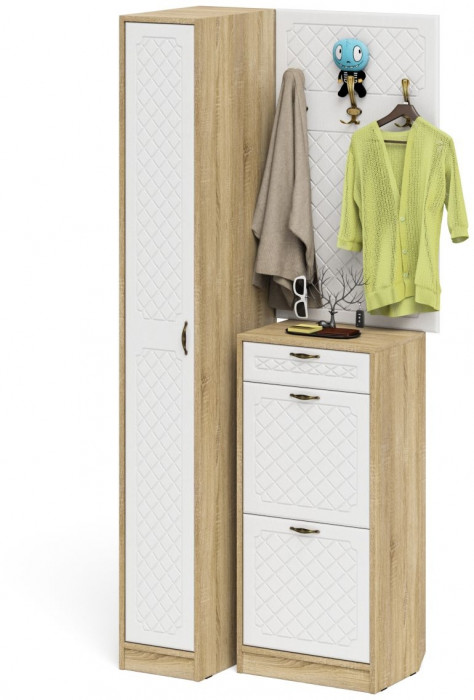 Прихожая П-6 Компоновка № 44, цвет дуб сонома/фасады МДФ белое дерево фрезеровка ромб, ШхГхВ 90х50х210 см., универсальная сборка