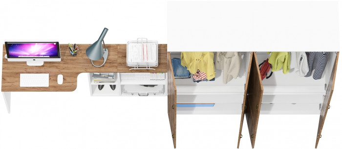 Лидер-8 Стол + Шкаф МД 19Б + Шкаф МД 19Б, белый шагрень/крафт золото