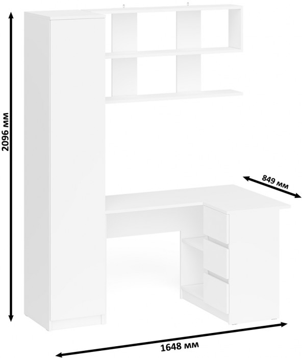 Мори компьютерный стол МС-16 правый + Пенал МШ400.1 + Полка 1200, белый