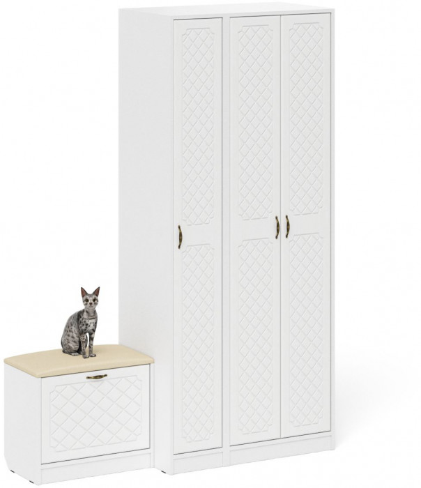 Прихожая П-6 Компоновка № 45, белая шагрень/фасады МДФ белое дерево фрезеровка ромб