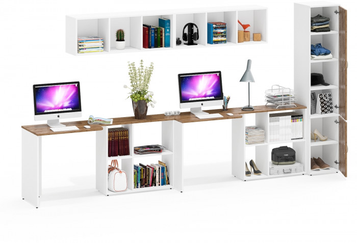 Лидер-8 Стол + Полка + Стол + Полка + Пенал МД 22Б, белый шагрень/крафт золото