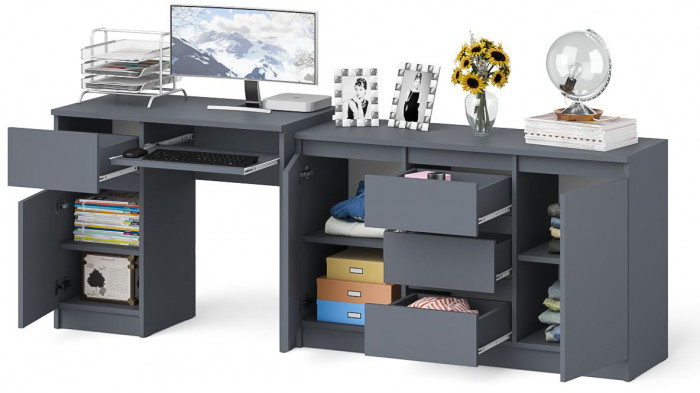 Мори компьютерный стол МС-1 левый + Комод МК1200.3, графит