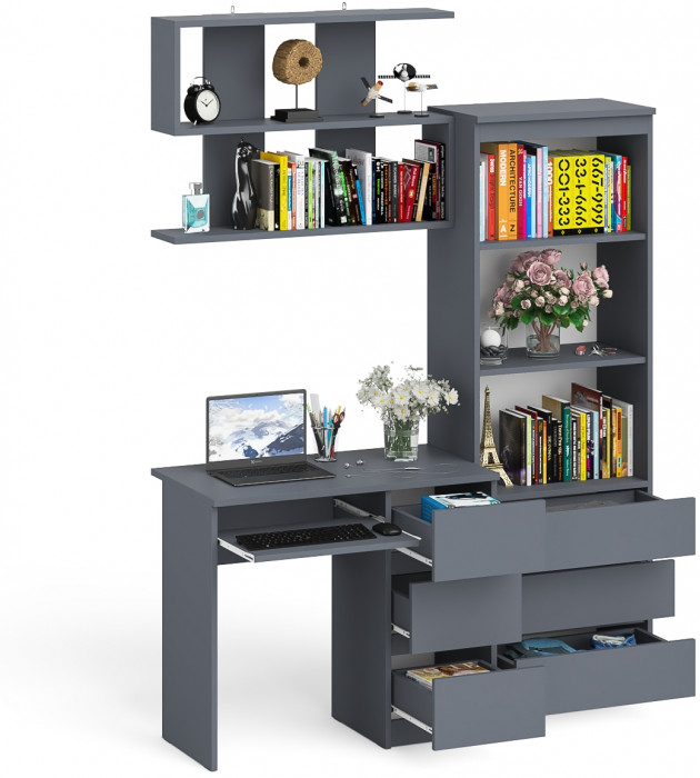 Мори компьютерный стол МС-6 правый + Стеллаж МСТ600.3 + Полка 900, графит