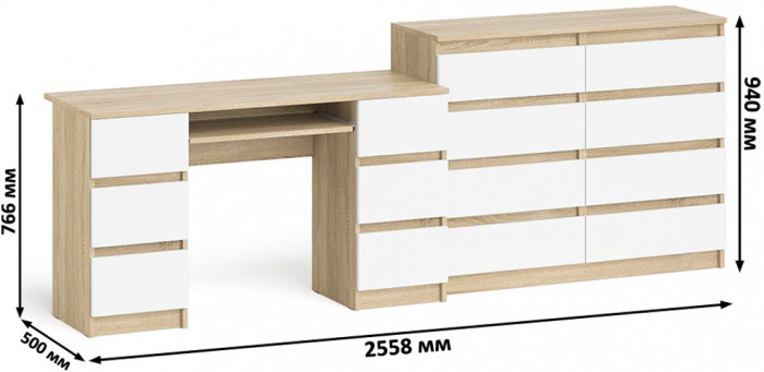 Мори Стол компьютерный МС-2 + Комод МК1200.8, цвет дуб сонома/белый, ШхГхВ 255,8х50х94 см., универсальная сборка