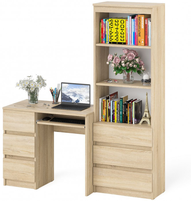 Мори Стол компьютерный МС-6 левый + Стеллаж МСТ600.3, цвет дуб сонома, ШхГхВ 150,4х50х179,6 см., выдвижные ящики слева, НЕ универсальная сборка