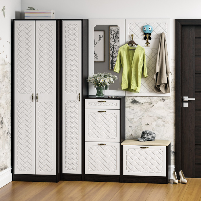 Прихожая П-6-350 Пенал, цвет венге/фасады МДФ белое дерево фрезеровка ромб, ШхГхВ 30х35х210 см., универсальная сборка