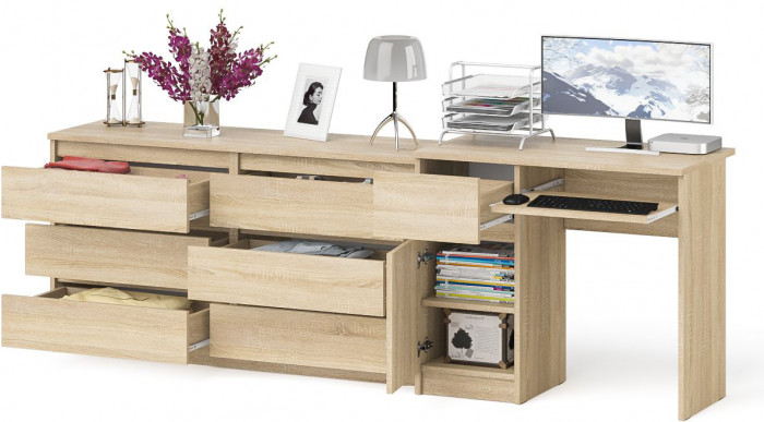 Мори Стол компьютерный МС-1 левый + Комод МК1380.6, цвет дуб сонома, ШхГхВ 228х50х76,6 см., выдвижной ящик слева, НЕ универсальная сборка