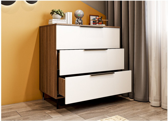 МС Роза Комод 900, Ройс+ ручка скоба 3 шт., Орех Франклин карамель/Белый Софт