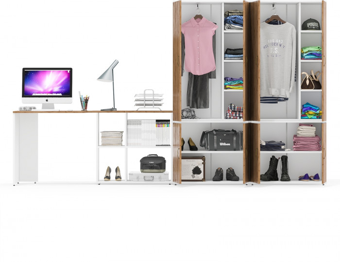 Лидер-8 Стол + Шкаф МД 20Б + Шкаф МД 20Б, белый шагрень/крафт золото