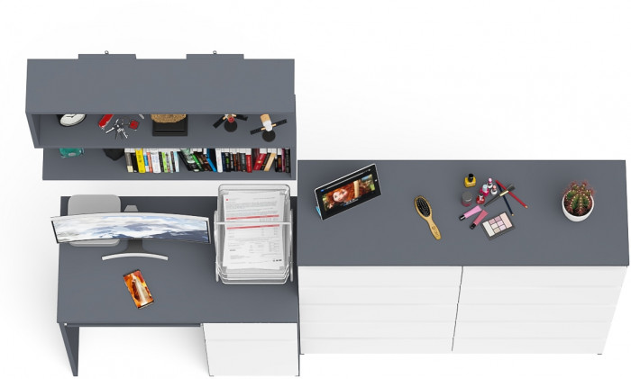 Мори компьютерный стол МС-1 правый + Комод МК1200.10 + Полка 900, графит/белый