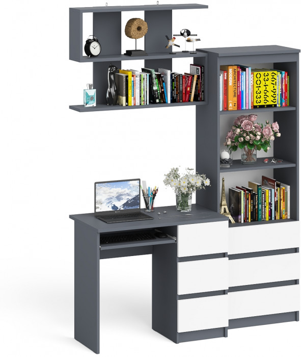 Мори компьютерный стол МС-6 правый + Стеллаж МСТ600.3 + Полка 900, графит/белый